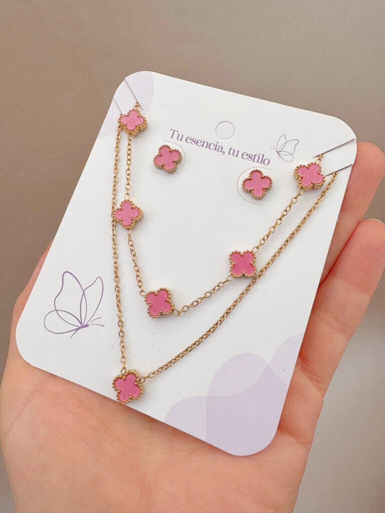 Set Acero Mini-Trebol Rosa
